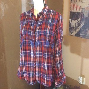 Free People Red Plaid embroidered button shirt